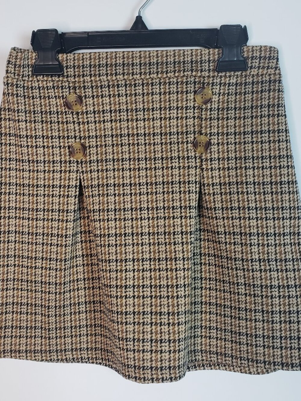 Beautees Girls Brown Houndstooth Plaid A-Line Pleated Skirt Size L 14 Button